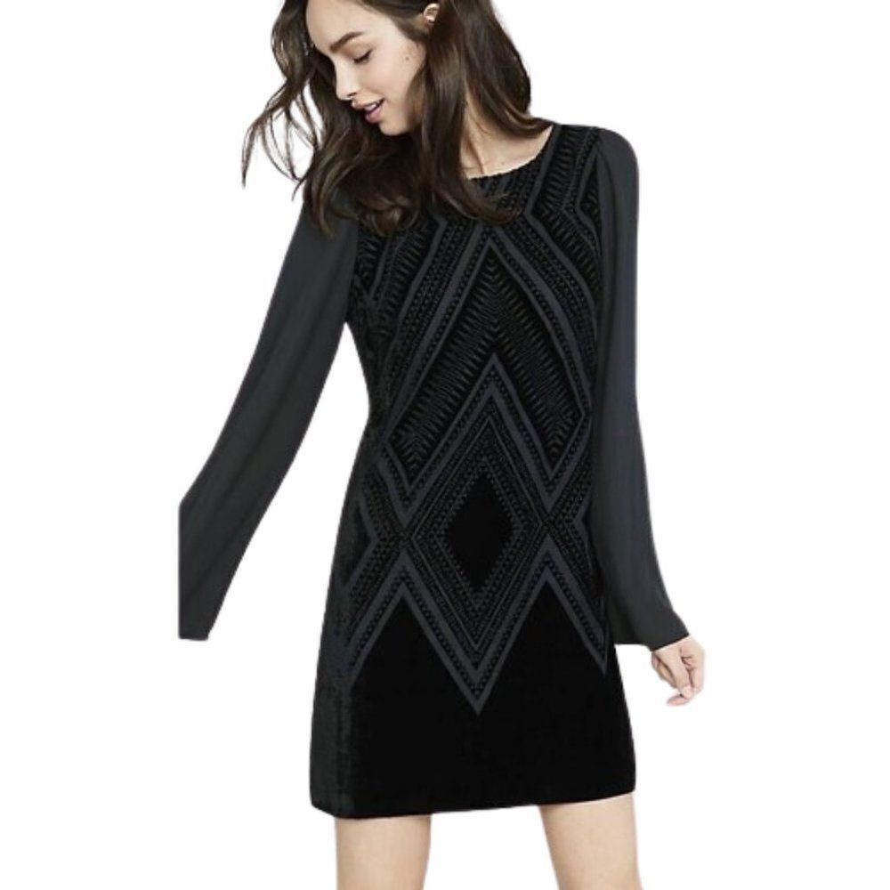 Express Women's Black Velvet Burnout Deep V-Back Long Sleeve Geometric Dress XS